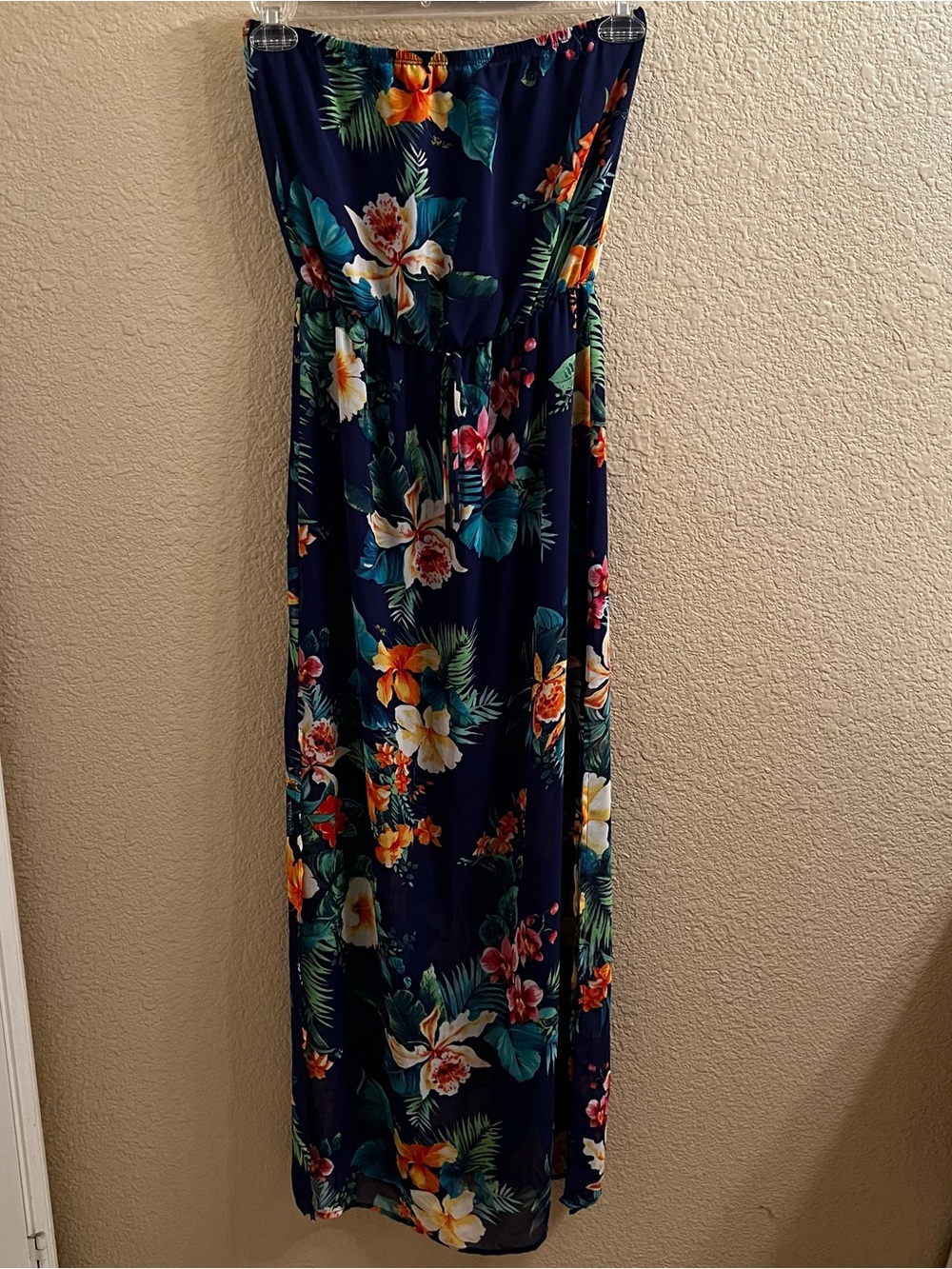 Blue Floral Strapless Maxi Dress - Tropical Print
